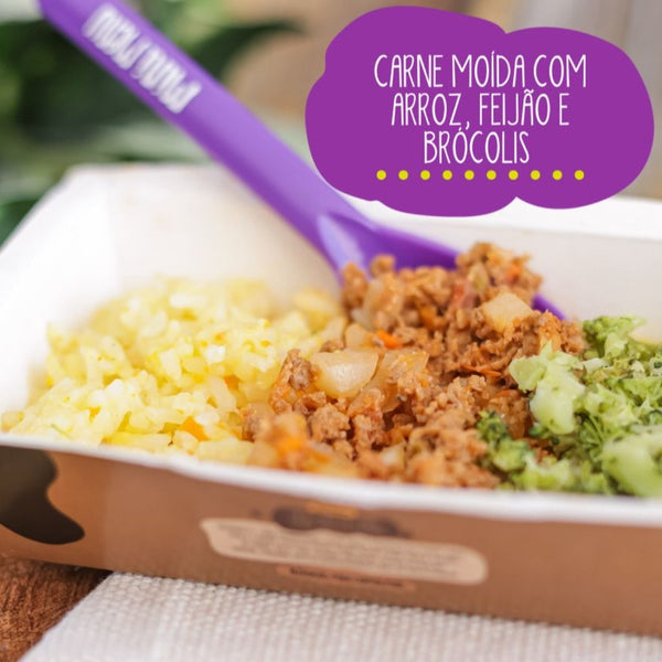 Carne moída, arroz, feijão mulatinho, brócolis e batata