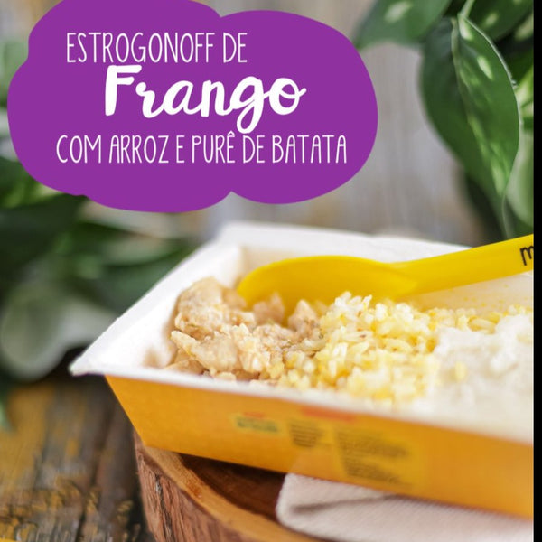 Strogonoff de frango, arroz e purê de batatas
